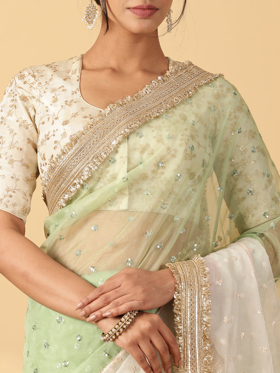 Green & Oyster White Organza Sequin Butta Saree With Designer Embroidered Lace, in Green Sequin Organza (view 3).