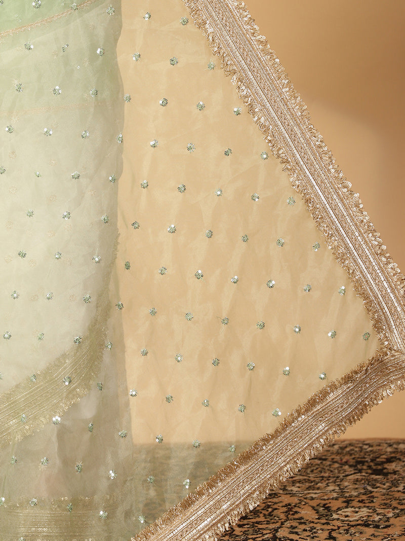 Green & Oyster White Organza Sequin Butta Saree With Designer Embroidered Lace-Binks