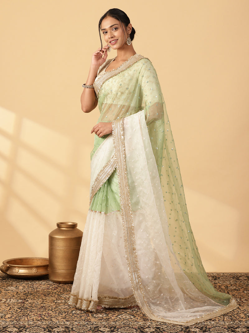 Green & Oyster White Organza Sequin Butta Saree With Designer Embroidered Lace-Binks