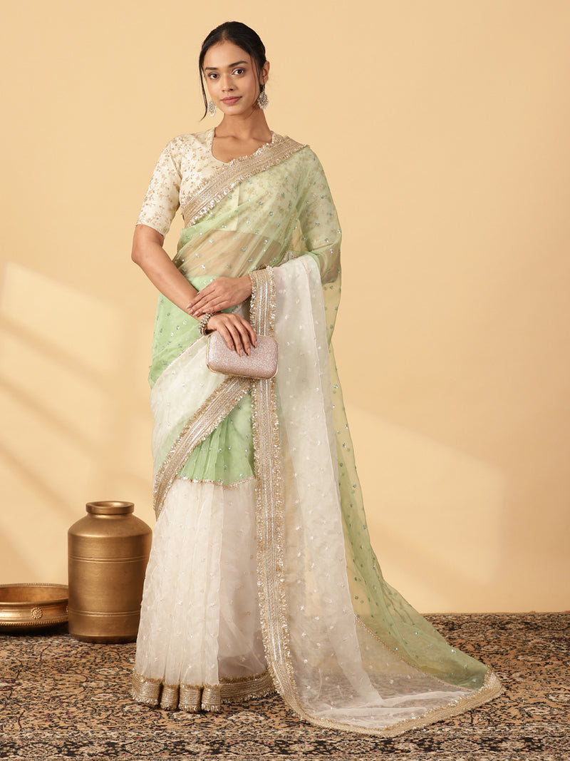 Green & Oyster White Organza Sequin Butta Saree With Designer Embroidered Lace-Binks