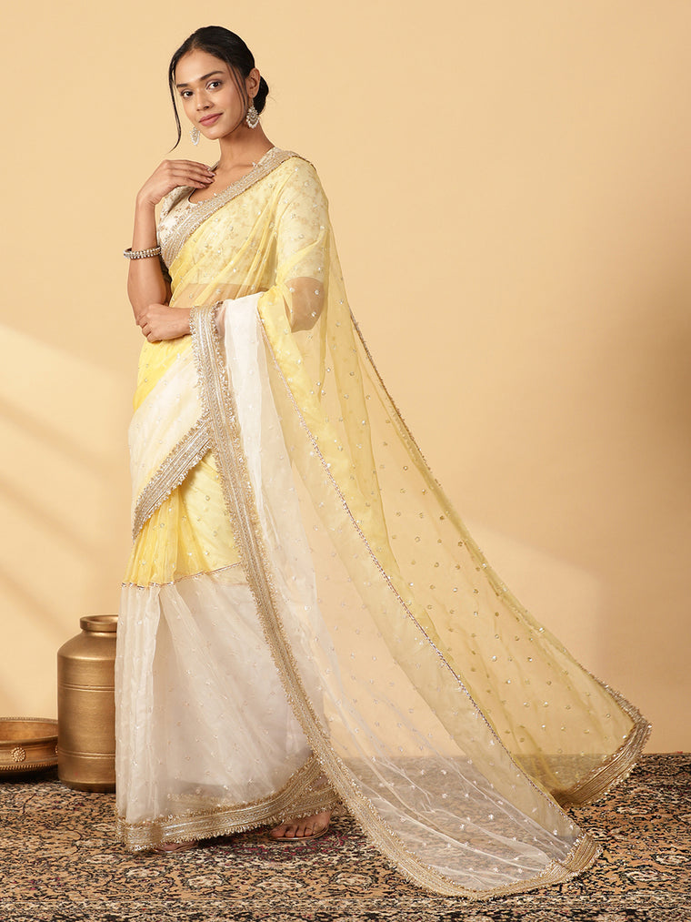 Light Yellow & Oyster White Organza Sequin Butta Saree With Designer Embroidered Lace, in Yellow Sequin Organza.