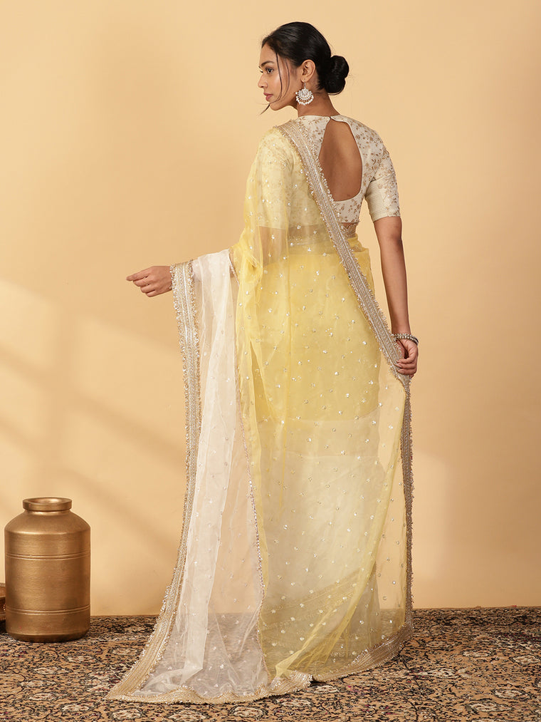 Light Yellow & Oyster White Organza Sequin Butta Saree With Designer Embroidered Lace, in Yellow Sequin Organza (view 2).