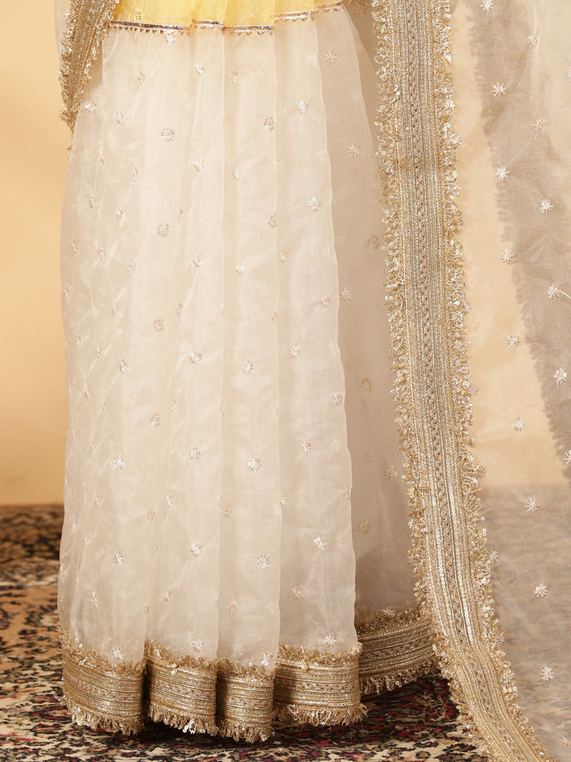 Light Yellow & Oyster White Organza Sequin Butta Saree With Designer Embroidered Lace-Binks