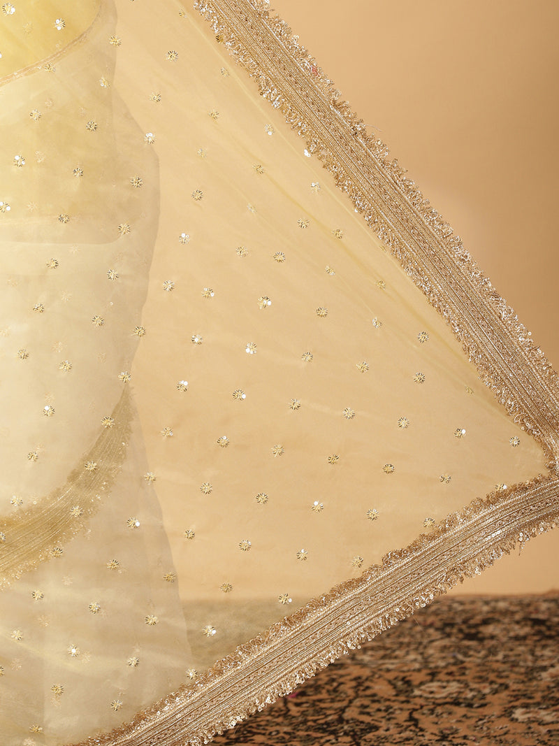 Light Yellow & Oyster White Organza Sequin Butta Saree With Designer Embroidered Lace-Binks