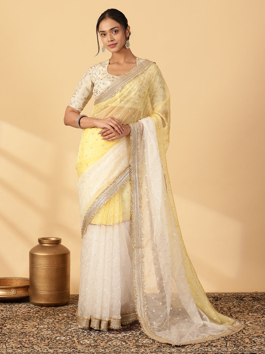 Light Yellow & Oyster White Organza Sequin Butta Saree With Designer Embroidered Lace, in Yellow Sequin Organza (view 6).