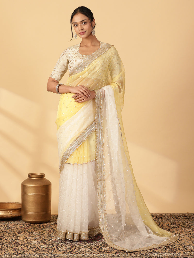Light Yellow & Oyster White Organza Sequin Butta Saree With Designer Embroidered Lace-Binks