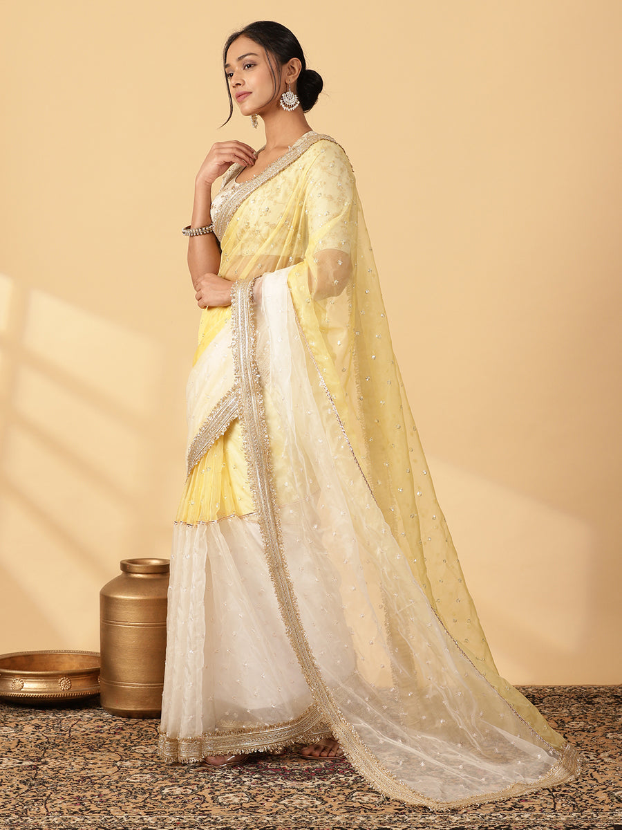 Light Yellow & Oyster White Organza Sequin Butta Saree With Designer Embroidered Lace, in Yellow Sequin Organza (view 7).