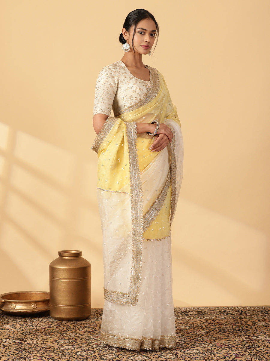 Light Yellow & Oyster White Organza Sequin Butta Saree With Designer Embroidered Lace, in Yellow Sequin Organza (view 8).