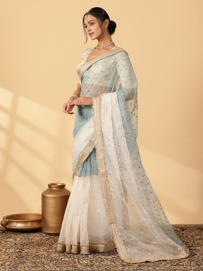 Mint Blue & Oyster White Organza Sequin Butta Saree With Designer Embroidered Lace-Binks