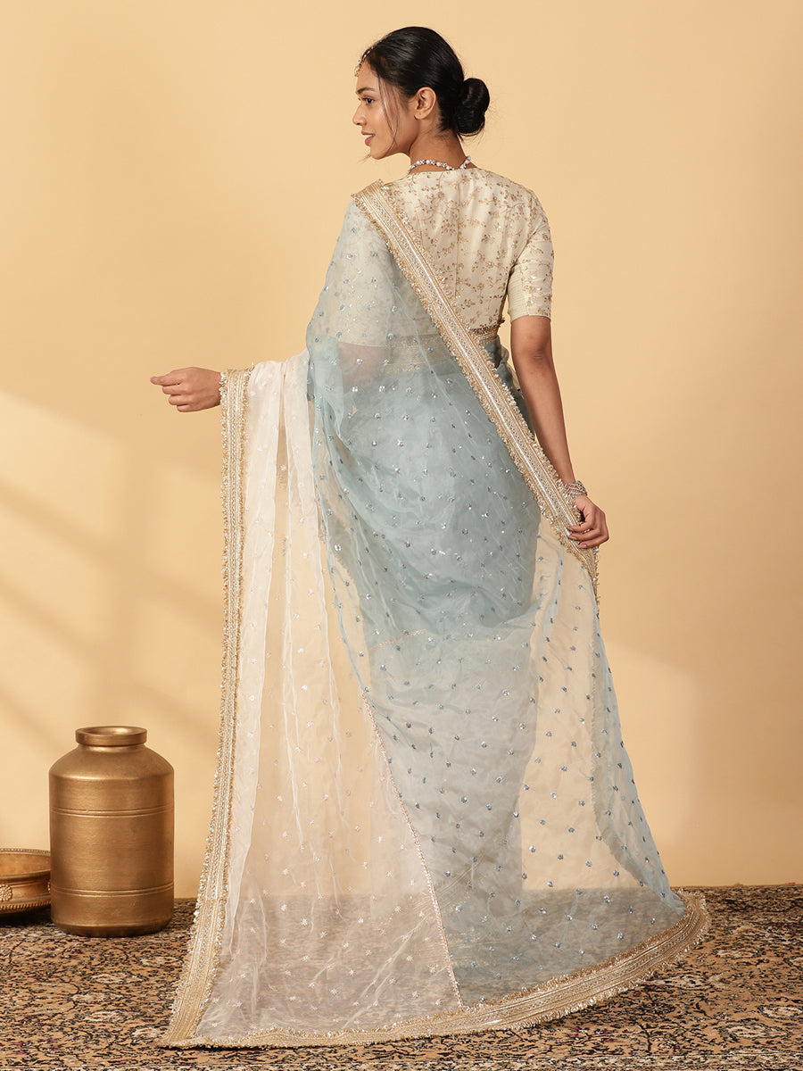 Mint Blue & Oyster White Organza Sequin Butta Saree With Designer Embroidered Lace, in Blue Sequin Organza (view 2).