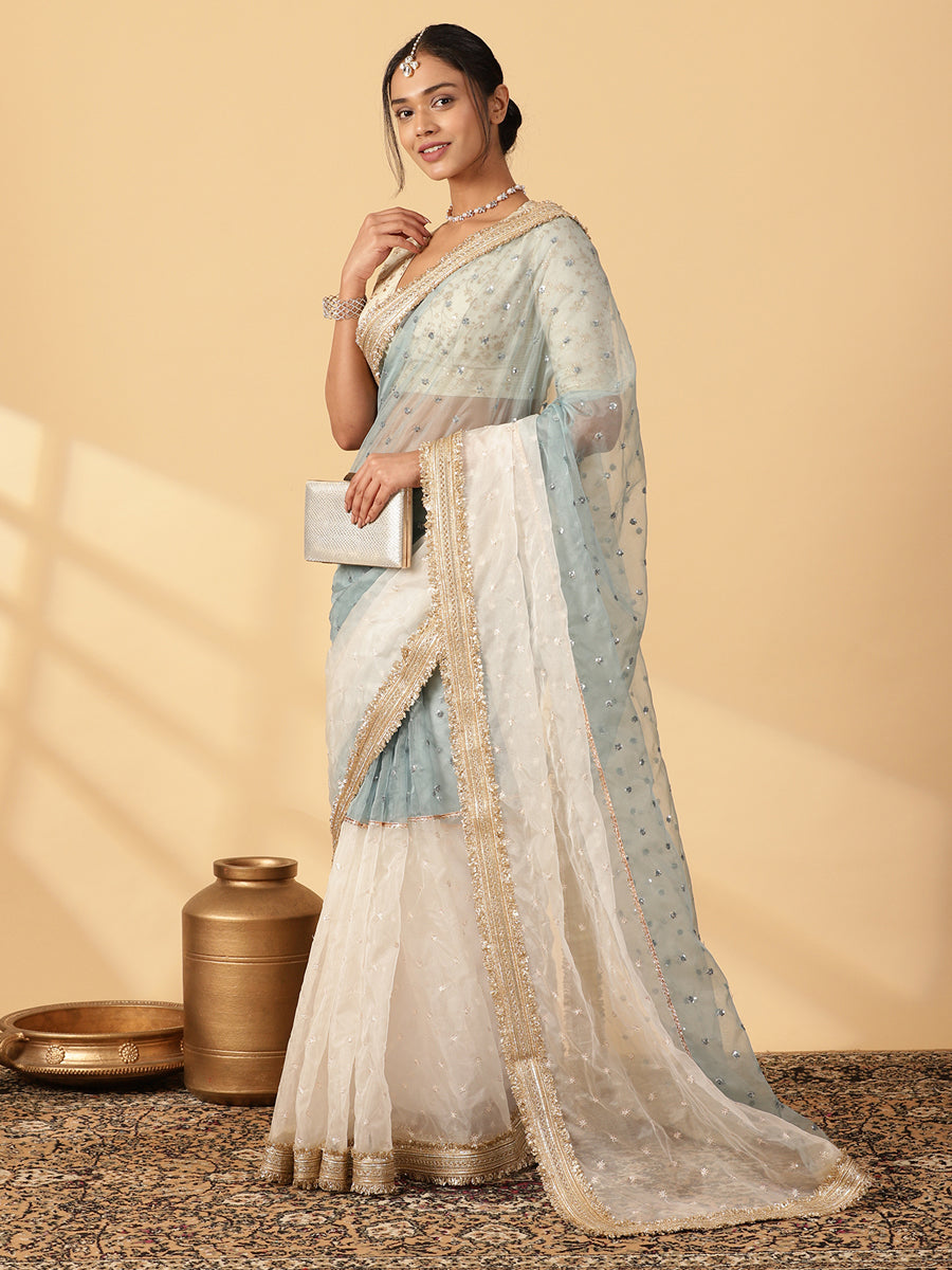 Mint Blue & Oyster White Organza Sequin Butta Saree With Designer Embroidered Lace, in Blue Sequin Organza (view 3).