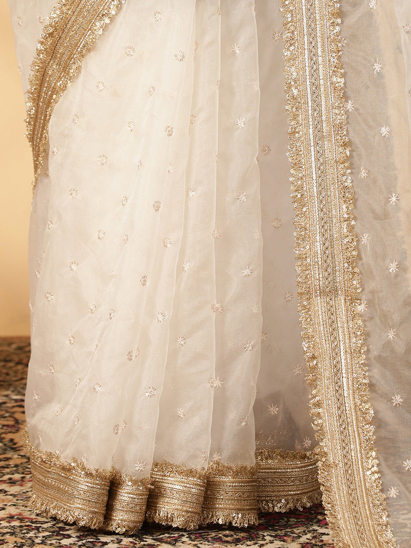 Mint Blue & Oyster White Organza Sequin Butta Saree With Designer Embroidered Lace-Binks