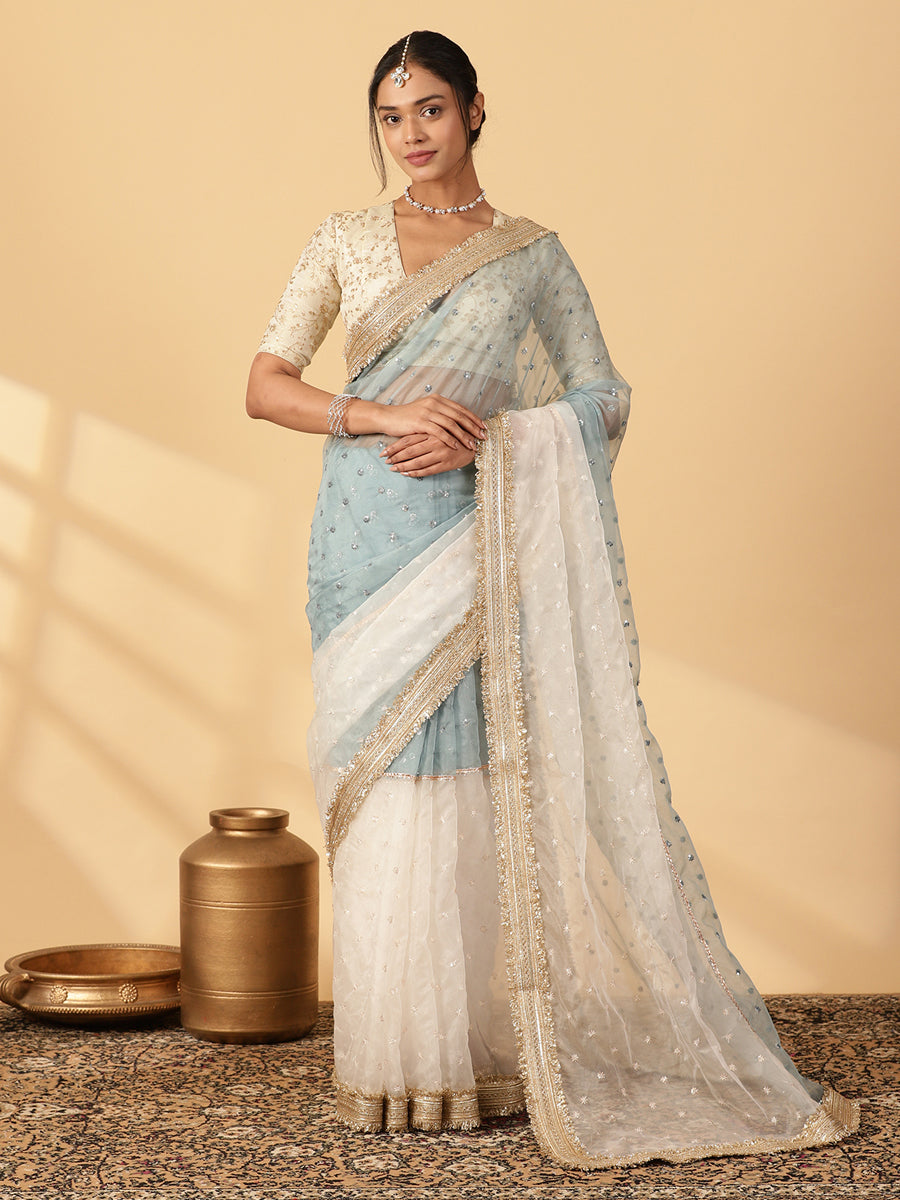 Mint Blue & Oyster White Organza Sequin Butta Saree With Designer Embroidered Lace, in Blue Sequin Organza (view 7).