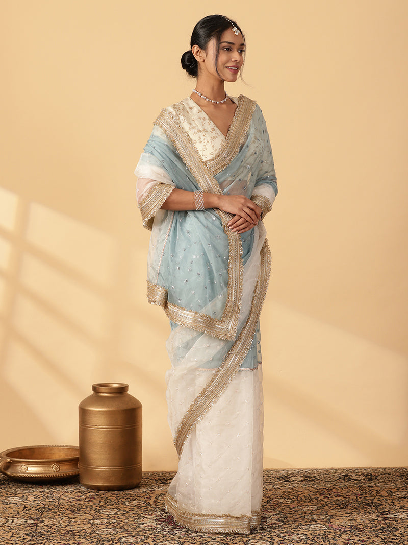 Mint Blue & Oyster White Organza Sequin Butta Saree With Designer Embroidered Lace-Binks