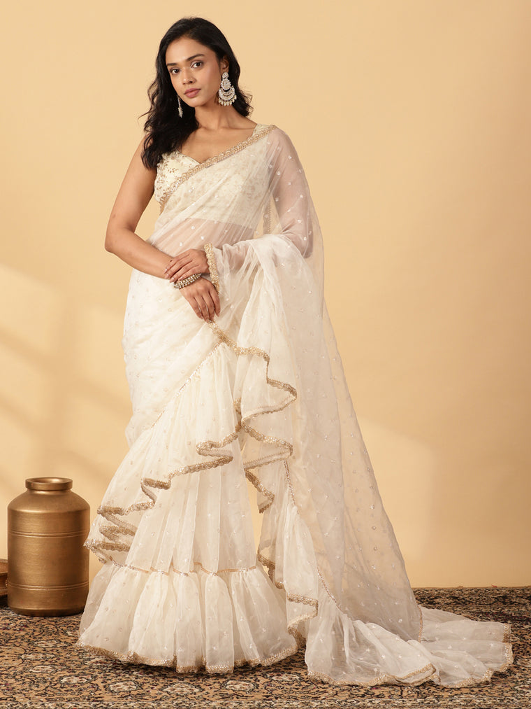 Oyster White Organza Sequin Butta Ruffle Saree With Designer Lace, in White Sequin Organza, made for party & festive.