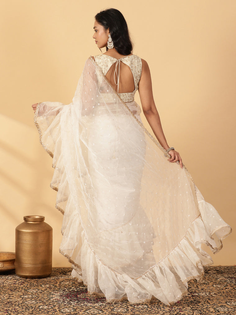 Oyster White Organza Sequin Butta Ruffle Saree With Designer Lace, in White Sequin Organza, made for party & festive (view 2).