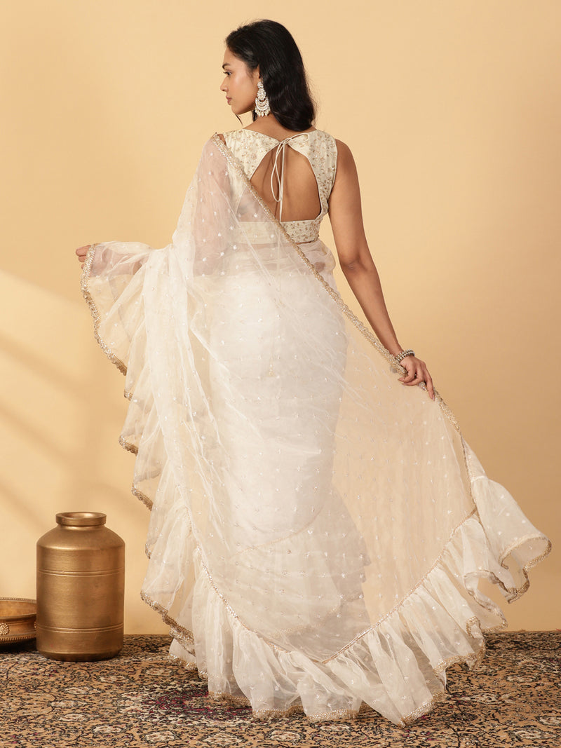 Oyster White Organza Sequin Butta Ruffle Saree With Designer Lace-Binks