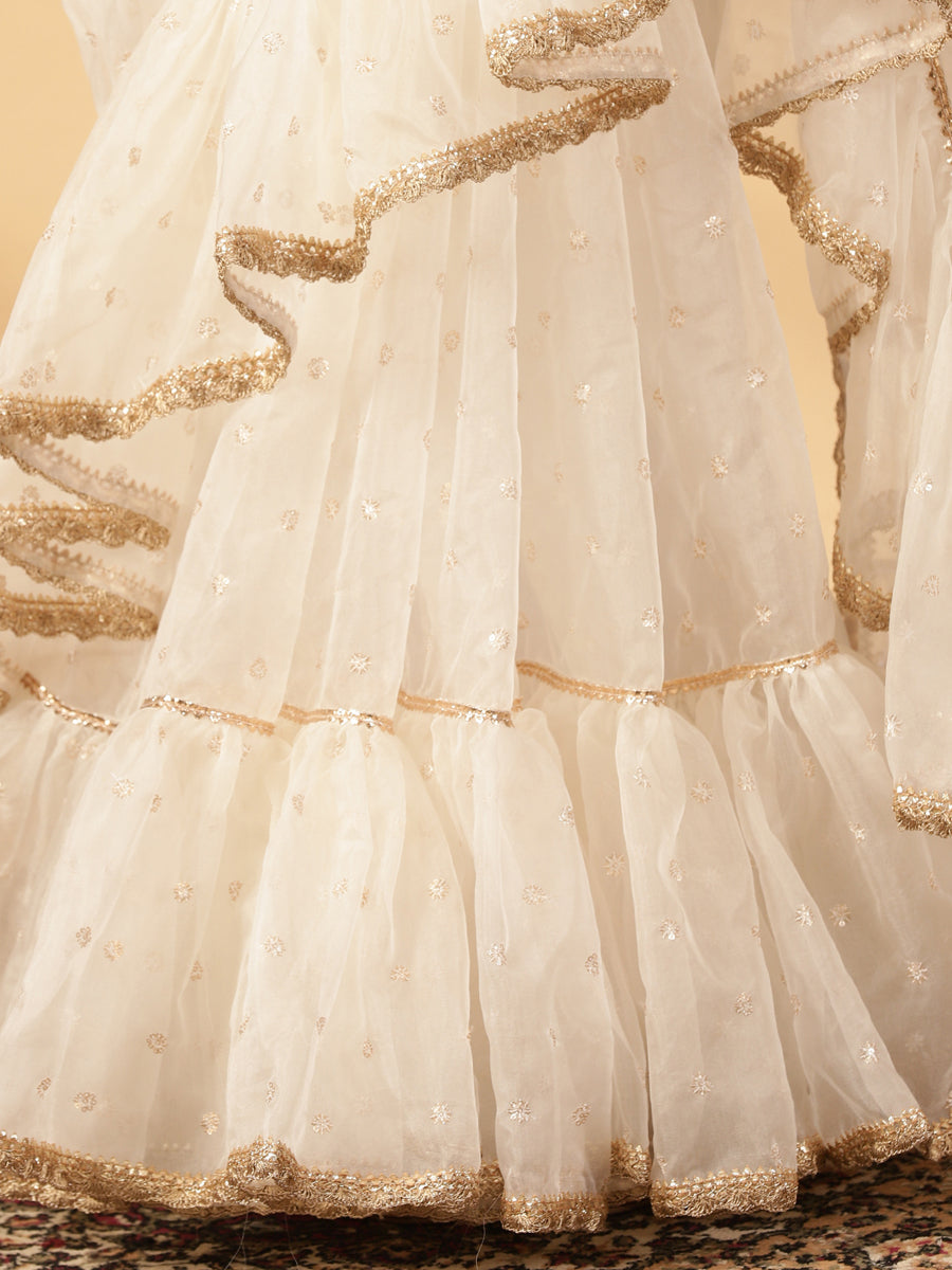 Oyster White Organza Sequin Butta Ruffle Saree With Designer Lace, in White Sequin Organza, made for party & festive (view 4).