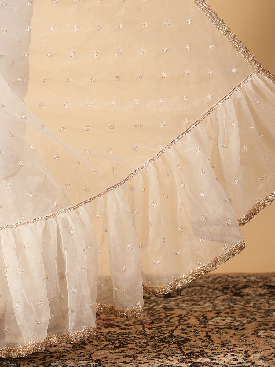 Oyster White Organza Sequin Butta Ruffle Saree With Designer Lace, in White Sequin Organza, made for party & festive (view 5).