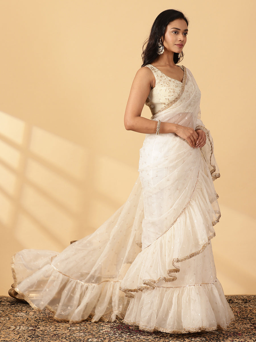 Oyster White Organza Sequin Butta Ruffle Saree With Designer Lace, in White Sequin Organza, made for party & festive (view 6).