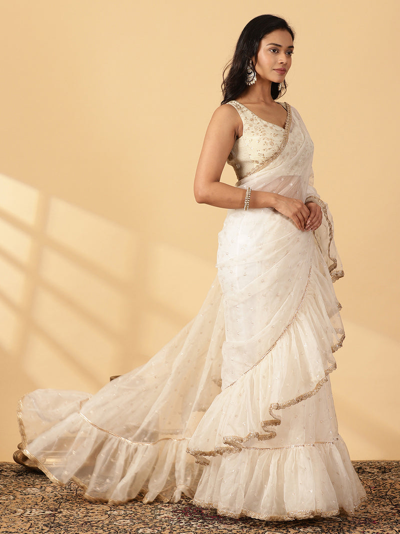 Oyster White Organza Sequin Butta Ruffle Saree With Designer Lace-Binks