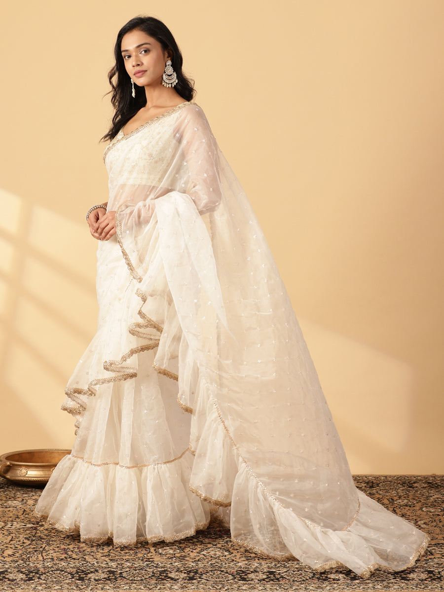 Oyster White Organza Sequin Butta Ruffle Saree With Designer Lace, in White Sequin Organza, made for party & festive (view 7).