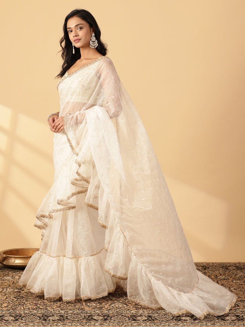 Oyster White Organza Sequin Butta Ruffle Saree With Designer Lace-Binks