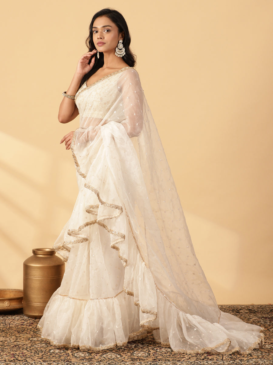 Oyster White Organza Sequin Butta Ruffle Saree With Designer Lace, in White Sequin Organza, made for party & festive (view 8).