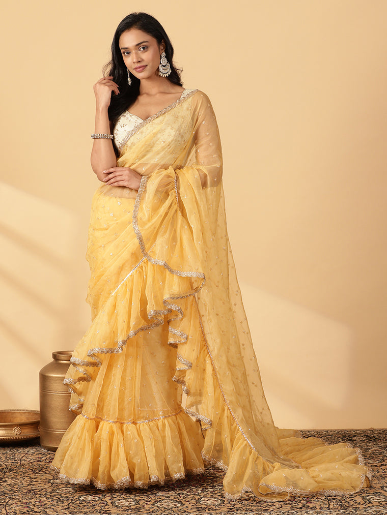 Gold Organza Sequin Butta Ruffle Saree With Designer Lace, in Cream Sequin Organza, made for party & festive.
