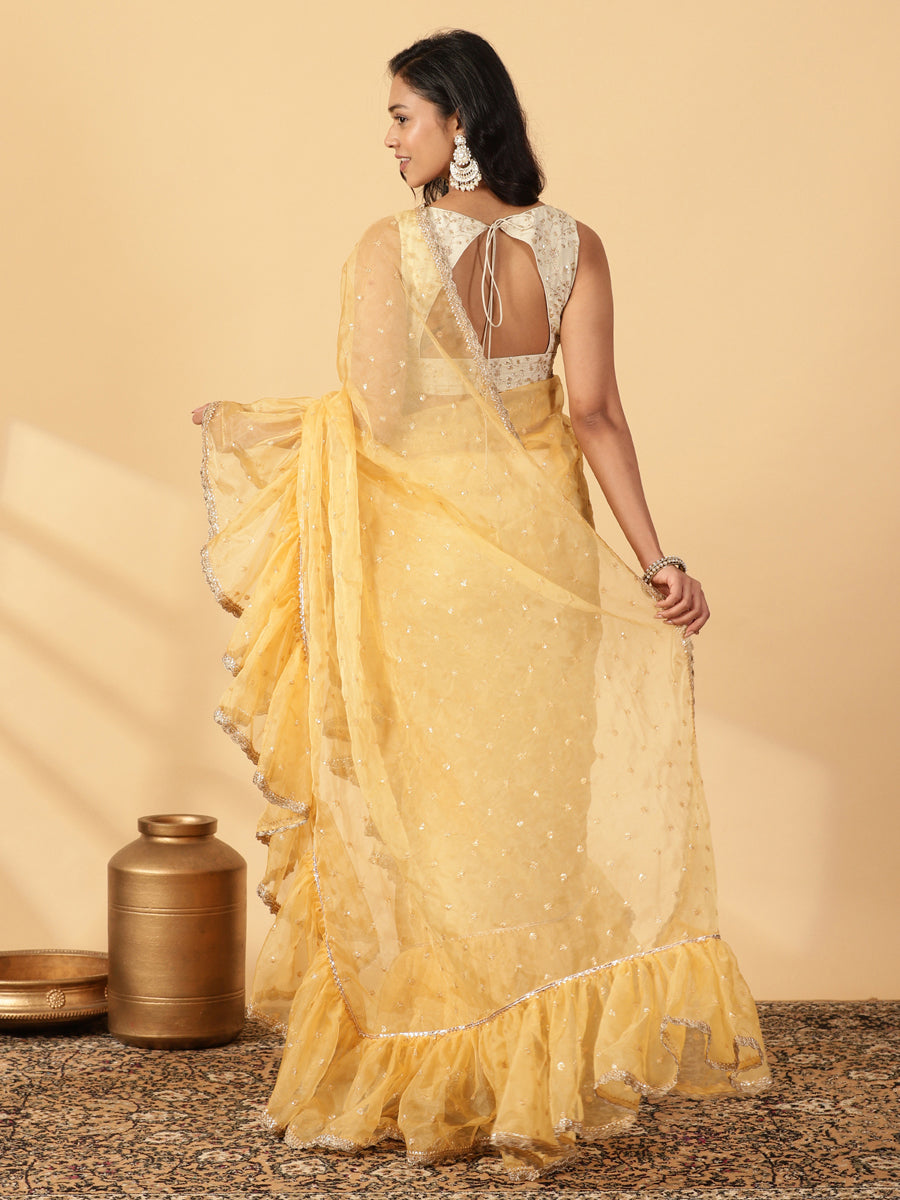Gold Organza Sequin Butta Ruffle Saree With Designer Lace, in Cream Sequin Organza, made for party & festive (view 2).