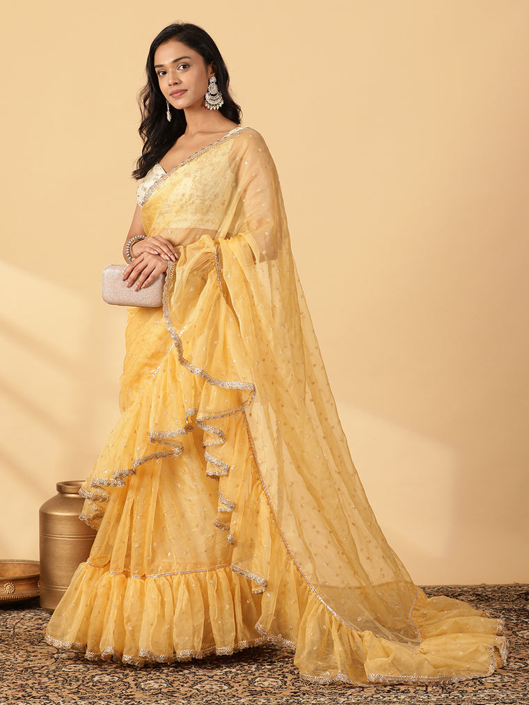 Gold Organza Sequin Butta Ruffle Saree With Designer Lace, in Cream Sequin Organza, made for party & festive (view 3).