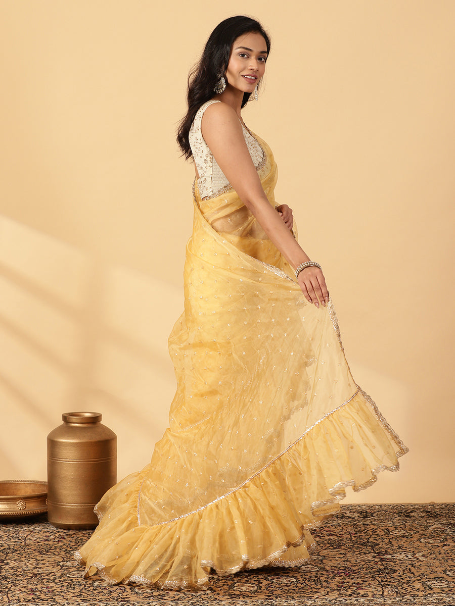 Gold Organza Sequin Butta Ruffle Saree With Designer Lace, in Cream Sequin Organza, made for party & festive (view 6).