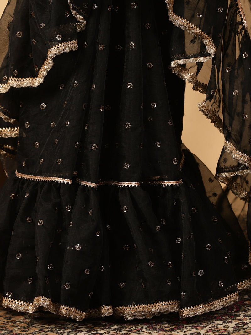 Black Organza Sequin Butta Ruffle Saree With Designer Lace-Binks