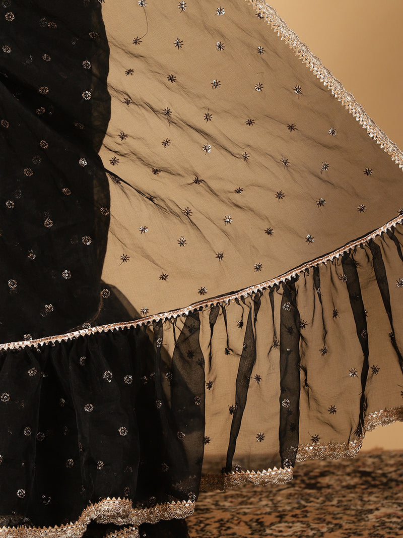 Black Organza Sequin Butta Ruffle Saree With Designer Lace-Binks