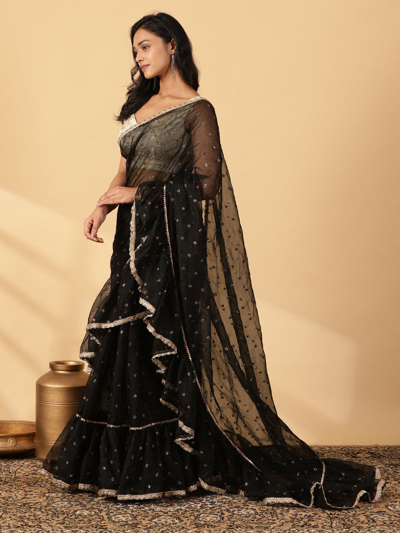 Black Organza Sequin Butta Ruffle Saree With Designer Lace-Binks