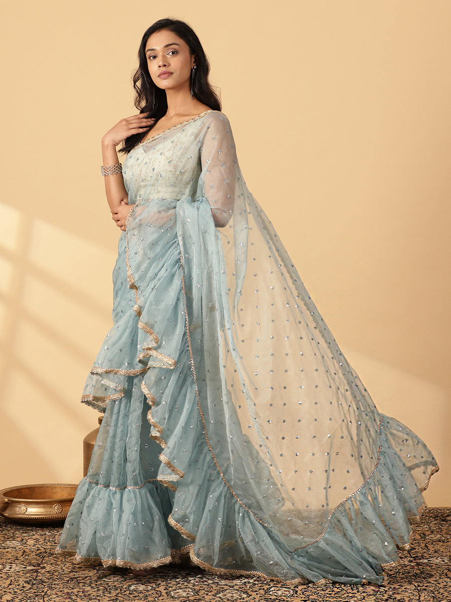 Mint Blue Organza Sequin Butta Ruffle Saree With Designer Lace