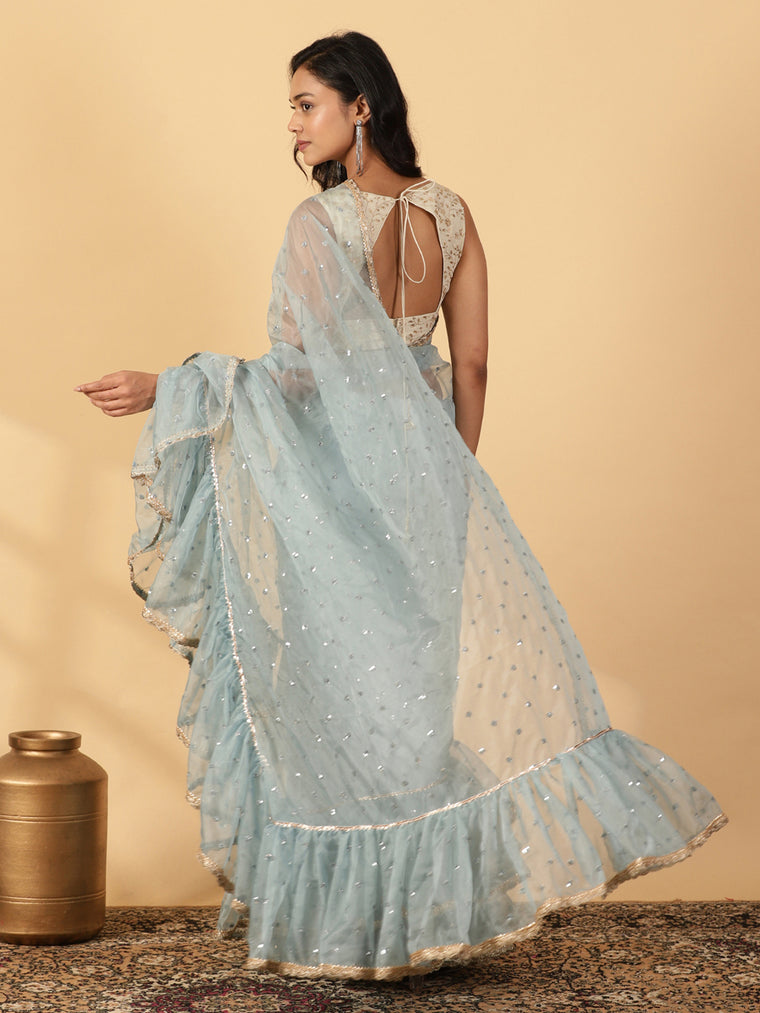 Mint Blue Organza Sequin Butta Ruffle Saree With Designer Lace, in Blue Sequin Organza, made for party & festive (view 2).