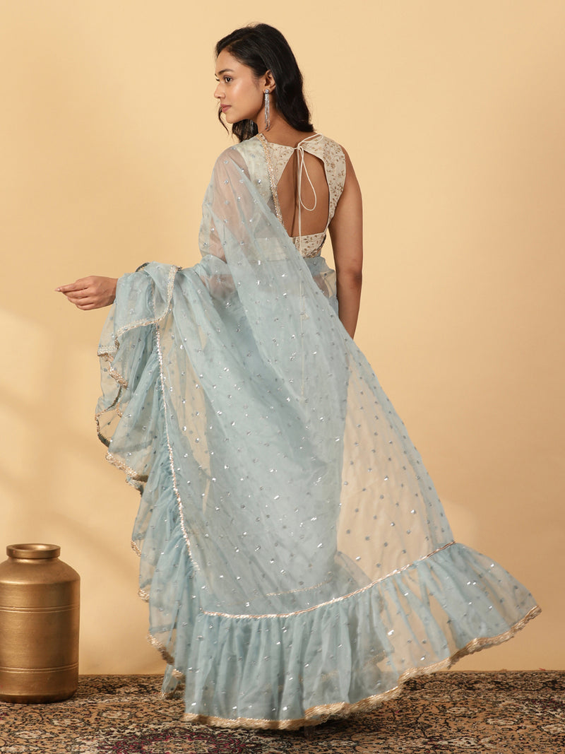 Mint Blue Organza Sequin Butta Ruffle Saree With Designer Lace-Binks