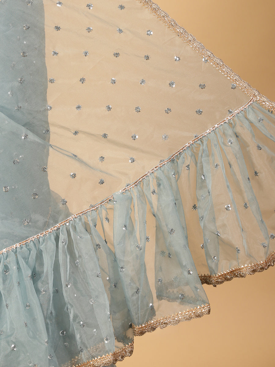 Mint Blue Organza Sequin Butta Ruffle Saree With Designer Lace, in Blue Sequin Organza, made for party & festive (view 5).