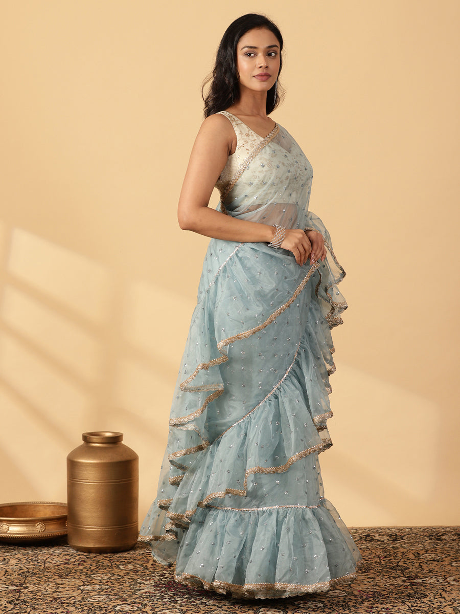 Mint Blue Organza Sequin Butta Ruffle Saree With Designer Lace, in Blue Sequin Organza, made for party & festive (view 6).