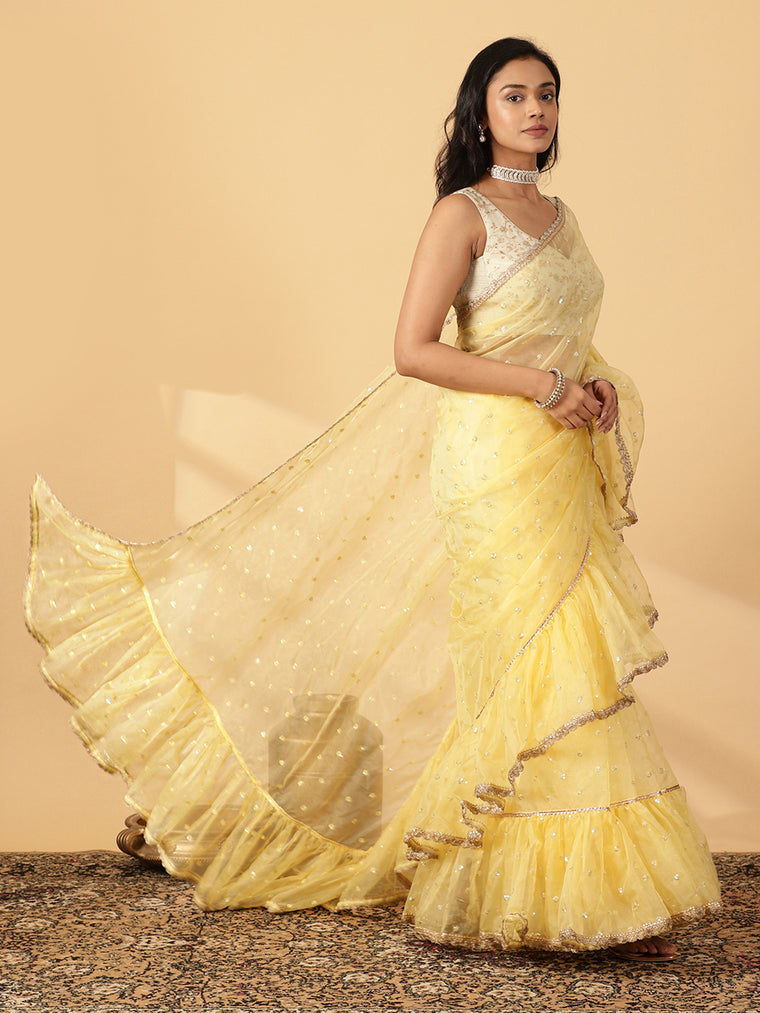 Light Yellow Organza Sequin Butta Ruffle Saree With Designer Lace, in Yellow Sequin Organza, made for party & festive.