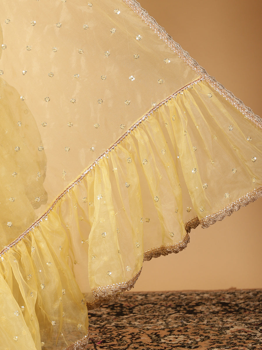Light Yellow Organza Sequin Butta Ruffle Saree With Designer Lace, in Yellow Sequin Organza, made for party & festive (view 5).