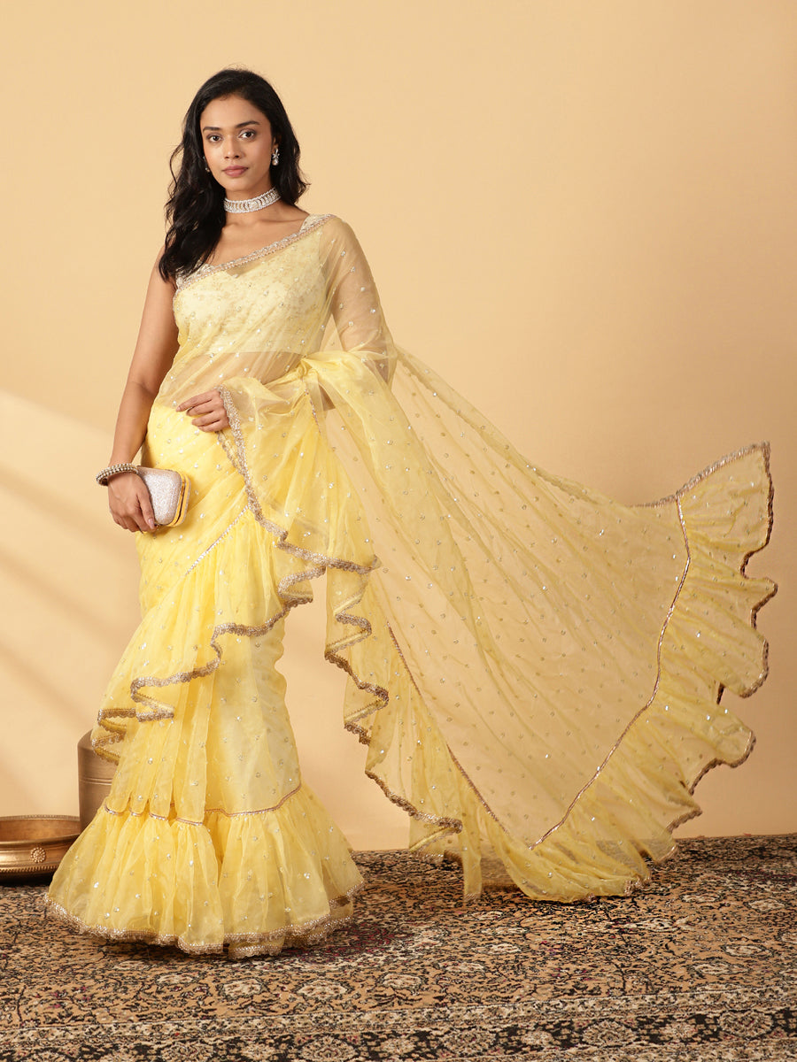 Light Yellow Organza Sequin Butta Ruffle Saree With Designer Lace, in Yellow Sequin Organza, made for party & festive (view 8).