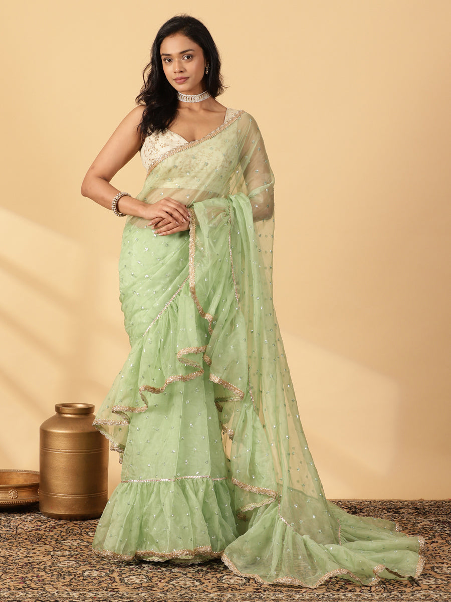 Green Organza Sequin Butta Ruffle Saree With Designer Lace, in Green Sequin Organza, made for party & festive.