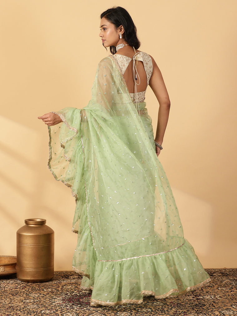 Green Organza Sequin Butta Ruffle Saree With Designer Lace, in Green Sequin Organza, made for party & festive (view 2).