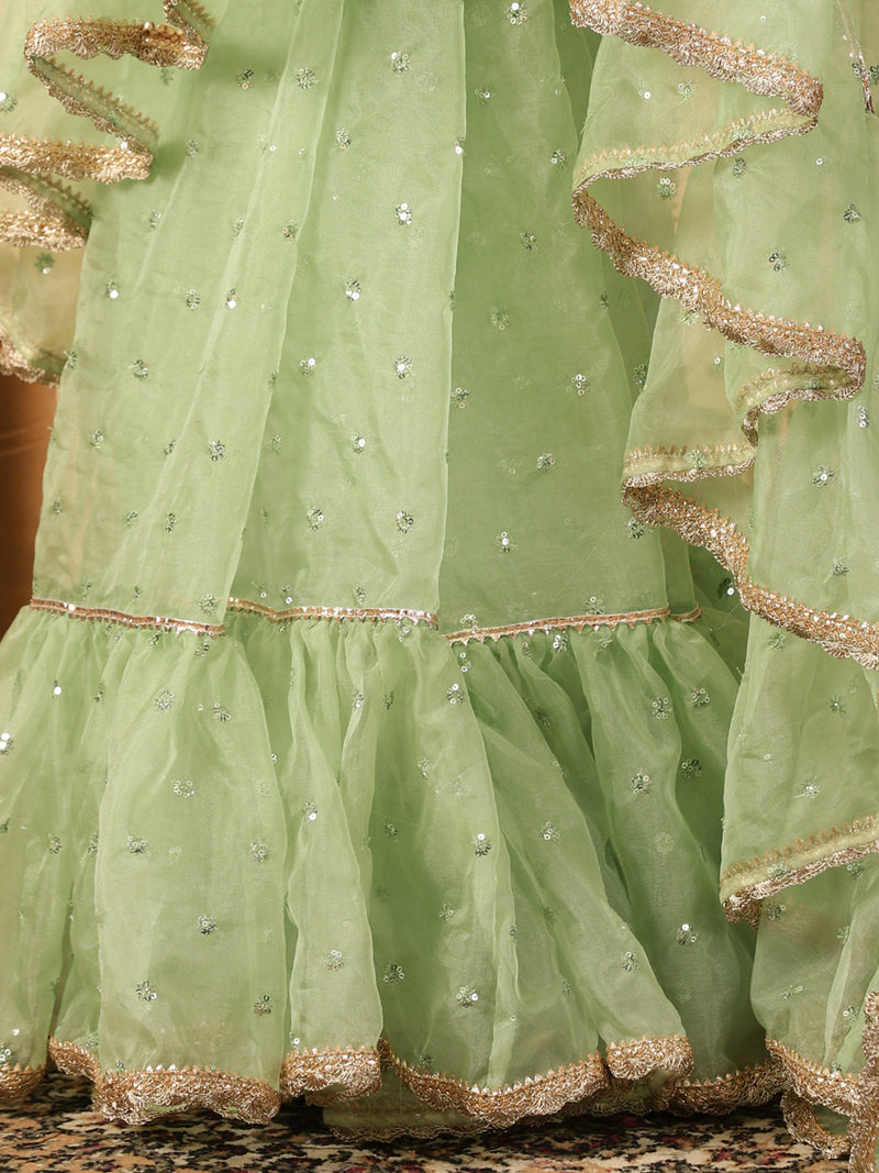 Green Organza Sequin Butta Ruffle Saree With Designer Lace-Binks