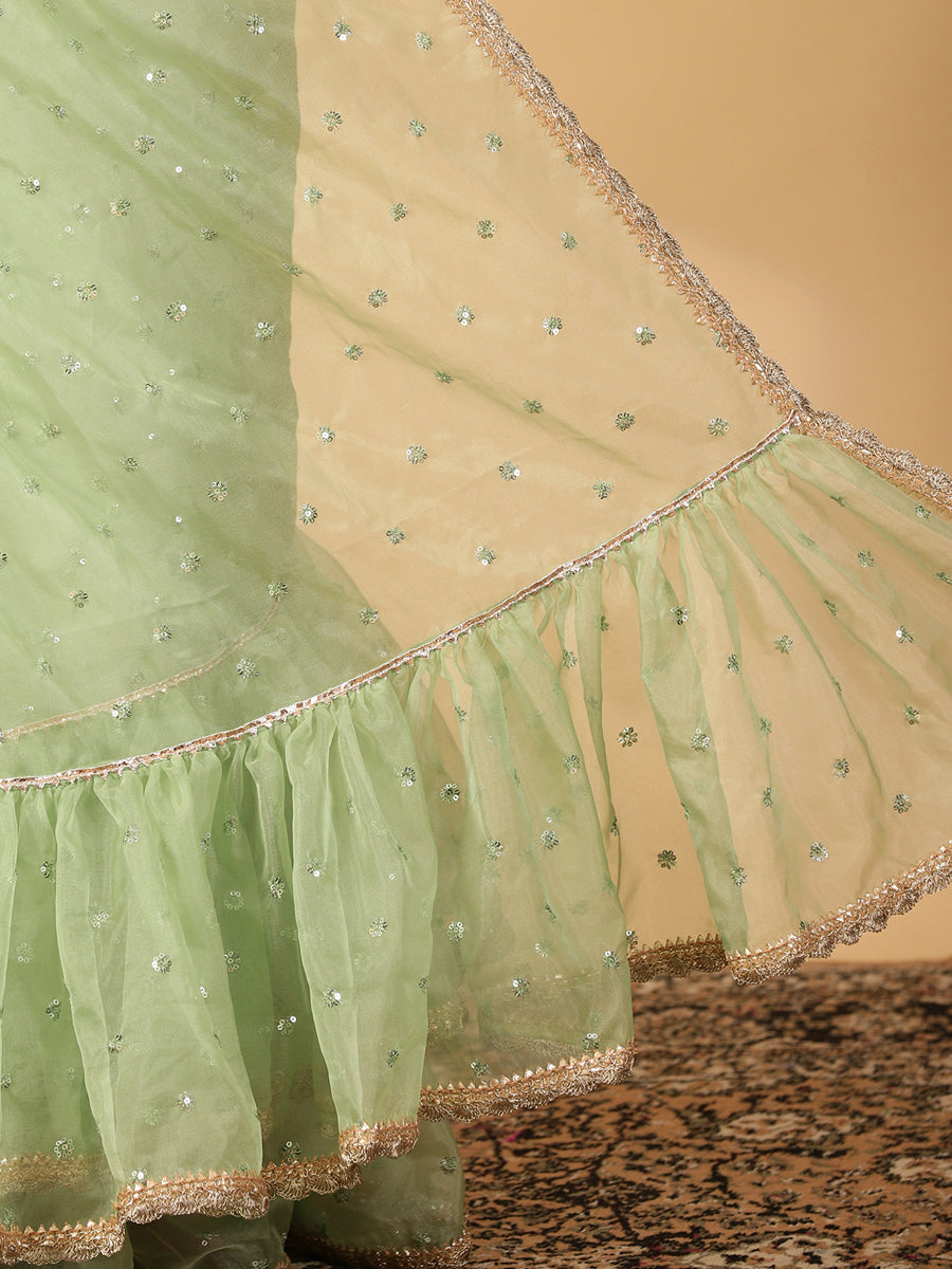 Green Organza Sequin Butta Ruffle Saree With Designer Lace, in Green Sequin Organza, made for party & festive (view 4).