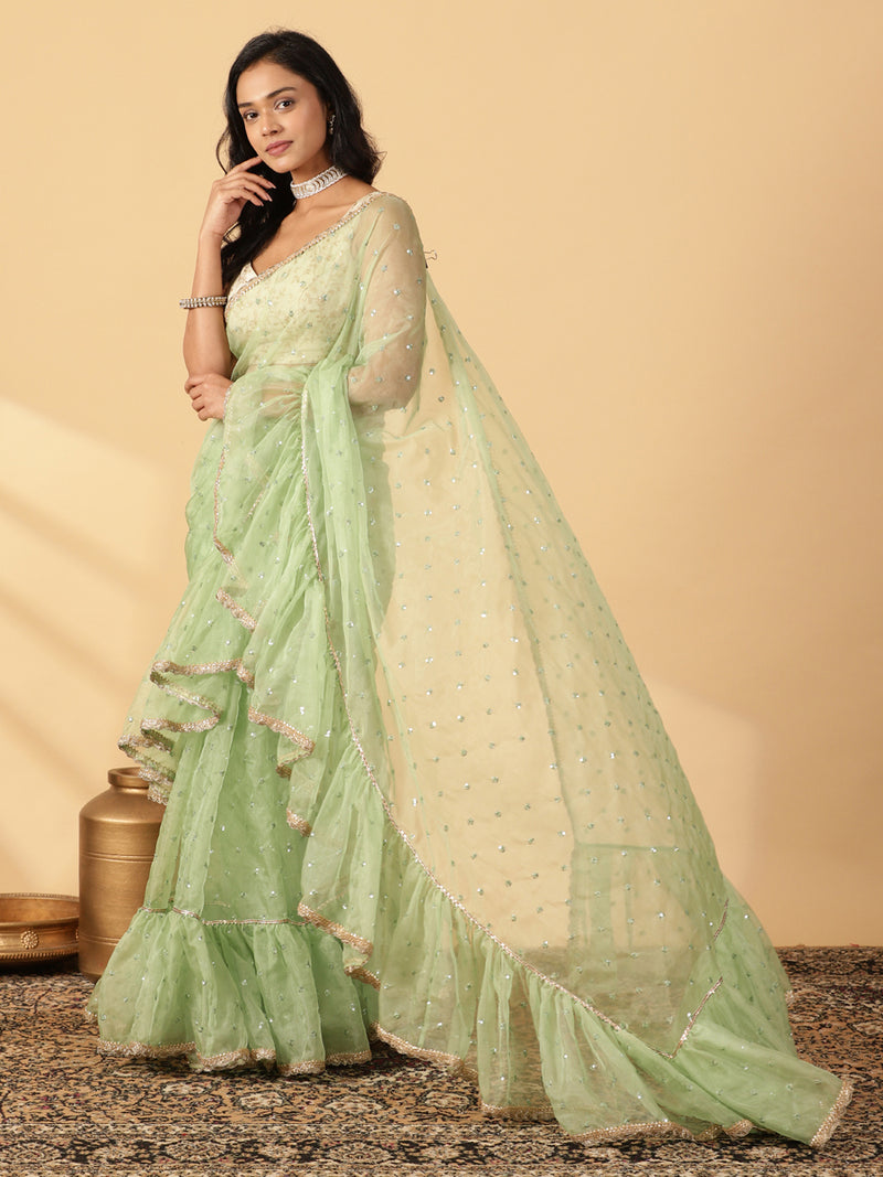 Green Organza Sequin Butta Ruffle Saree With Designer Lace-Binks