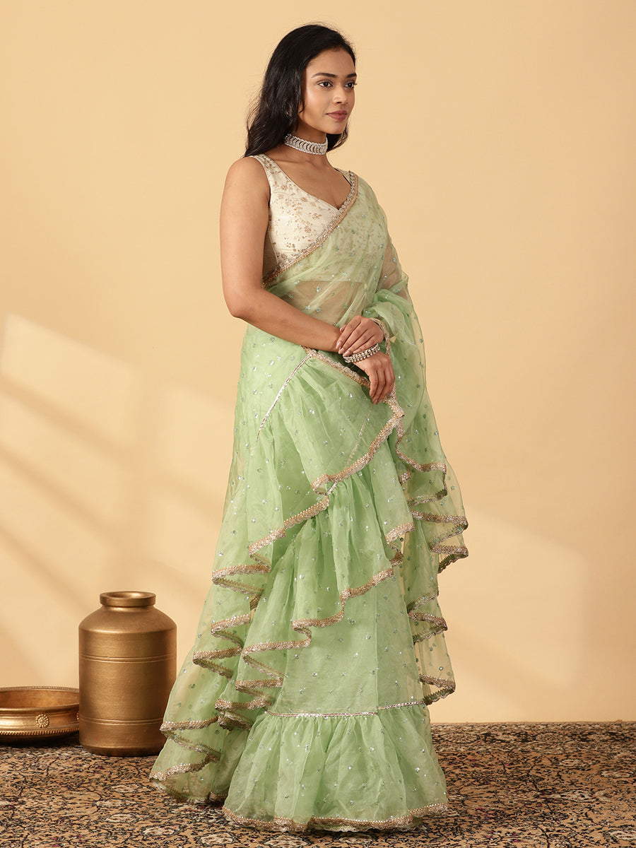 Green Organza Sequin Butta Ruffle Saree With Designer Lace, in Green Sequin Organza, made for party & festive (view 7).
