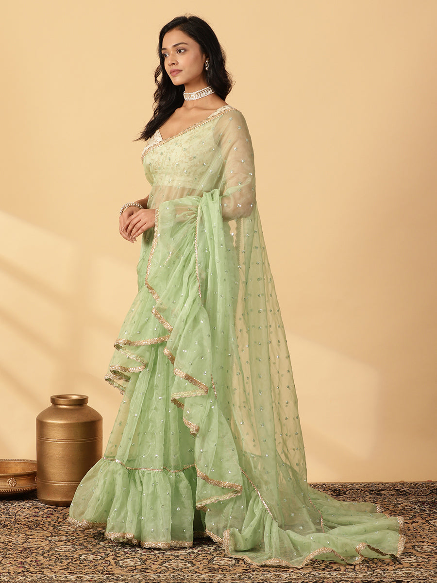 Green Organza Sequin Butta Ruffle Saree With Designer Lace, in Green Sequin Organza, made for party & festive (view 8).